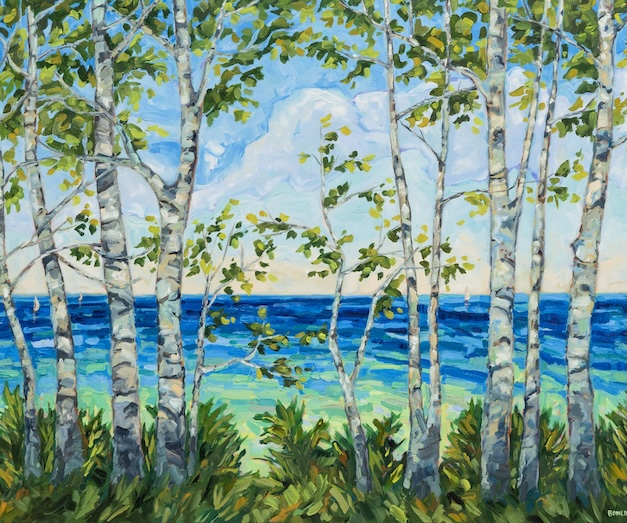 a painting of a row of trees overlooking the ocean