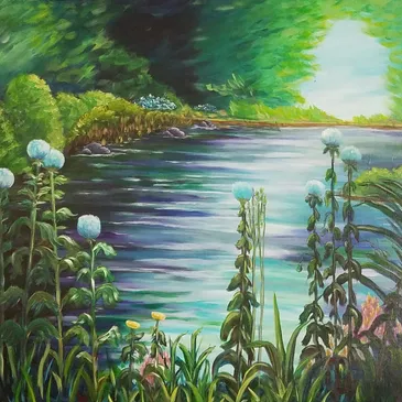 a painting of a pond with different flowers and shrubs around it