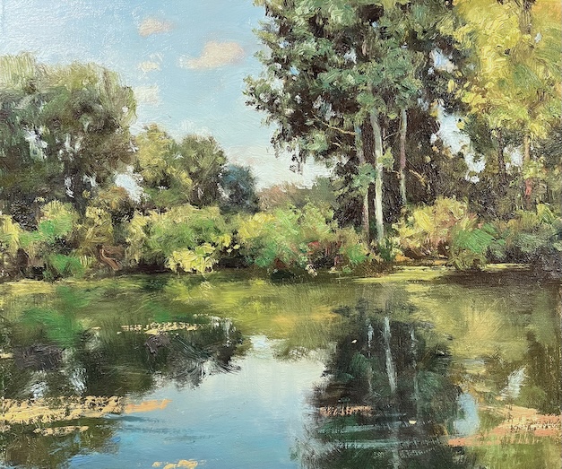 a painting of a pond with greenery all around the pond