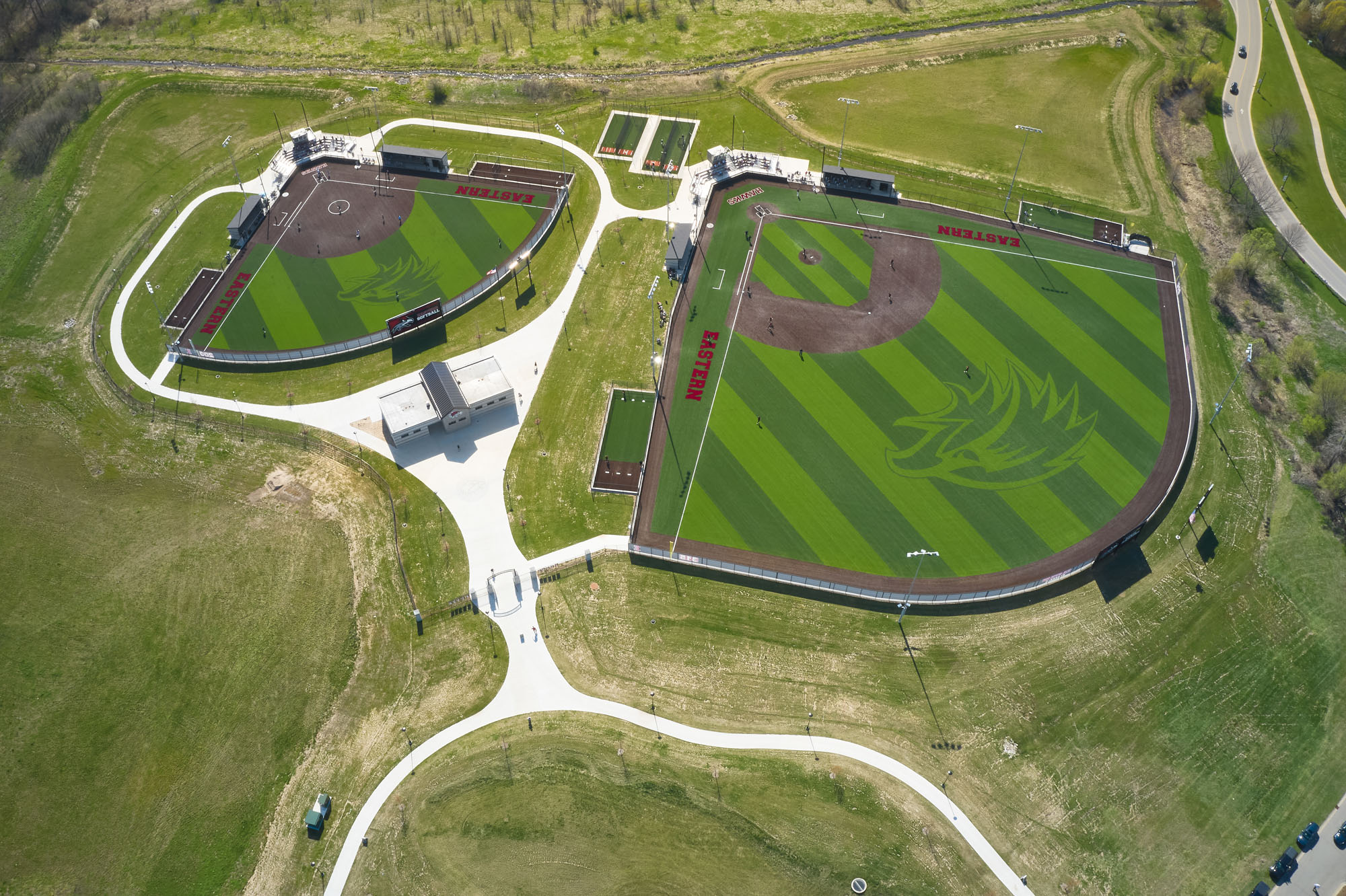 top down drone shot of the baseball and softball fields